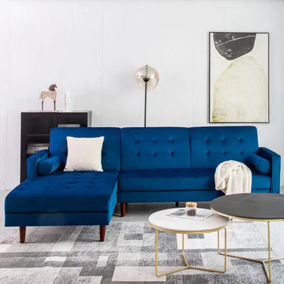 Ingham Chaise End Velvet Corner Sofa In Blue Left Side Facing