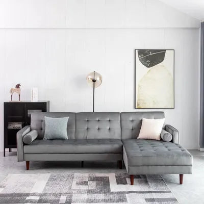 Ingham Chaise End Velvet Corner Sofa In Grey Right Side Facing