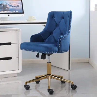 Winton Office Chair Upholstered Blue Velvet Buttoned Back with Brass Leg