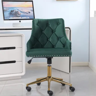 Winton Office Chair Upholstered Green Velvet Buttoned Back with Brass Leg