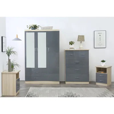 Ingrid 4 Piece Bedroom Set In Grey and Oak Wardrobe Chest and Two Bedsides