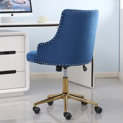 Winton Office Chair Upholstered Blue Velvet Buttoned Back with Brass Leg