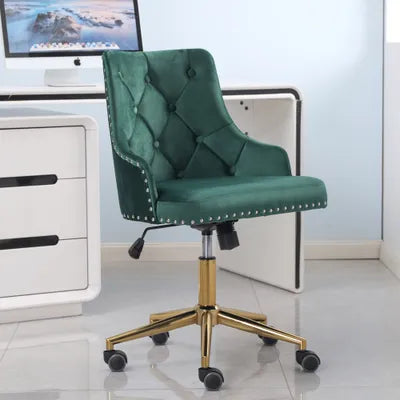 Winton Office Chair Upholstered Green Velvet Buttoned Back with Brass Leg