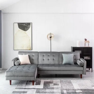 Ingham Chaise End Velvet Corner Sofa In Grey Left Side Facing