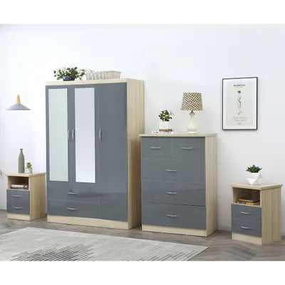 Ingrid 4 Piece Bedroom Set In Grey and Oak Wardrobe Chest and Two Bedsides
