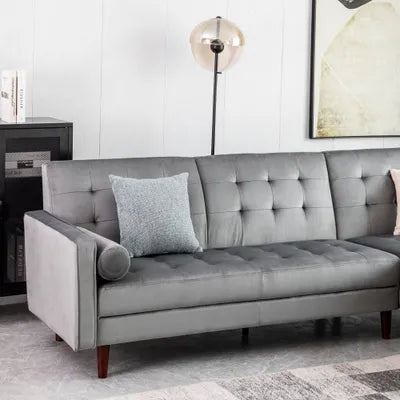 Ingham Chaise End Velvet Corner Sofa In Grey Right Side Facing