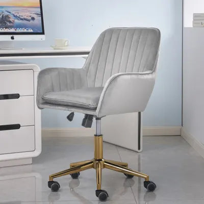 Melton Office Chair Upholstered Grey Velvet Channel Tufted with Brass Leg