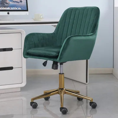 Melton Office Chair Upholstered Green Velvet Channel Tufted with Brass Leg