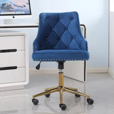 Winton Office Chair Upholstered Blue Velvet Buttoned Back with Brass Leg