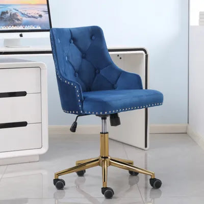 Winton Office Chair Upholstered Blue Velvet Buttoned Back with Brass Leg