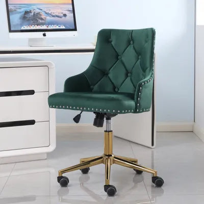 Winton Office Chair Upholstered Green Velvet Buttoned Back with Brass Leg