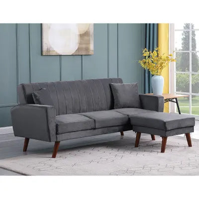 June Grey Velvet Sofa Bed with Ottoman