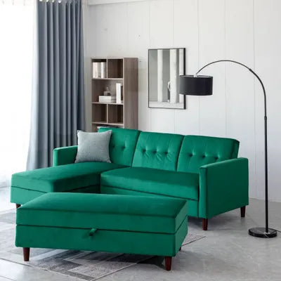 Ingham Reversible Corner Sofa With Chaise and Ottoman Bench in Green