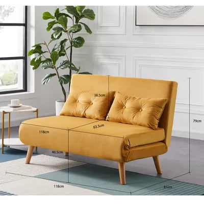 Ada Velvet Foldable Sofa Bed 118cm with 2 Toss Pillow in Blue