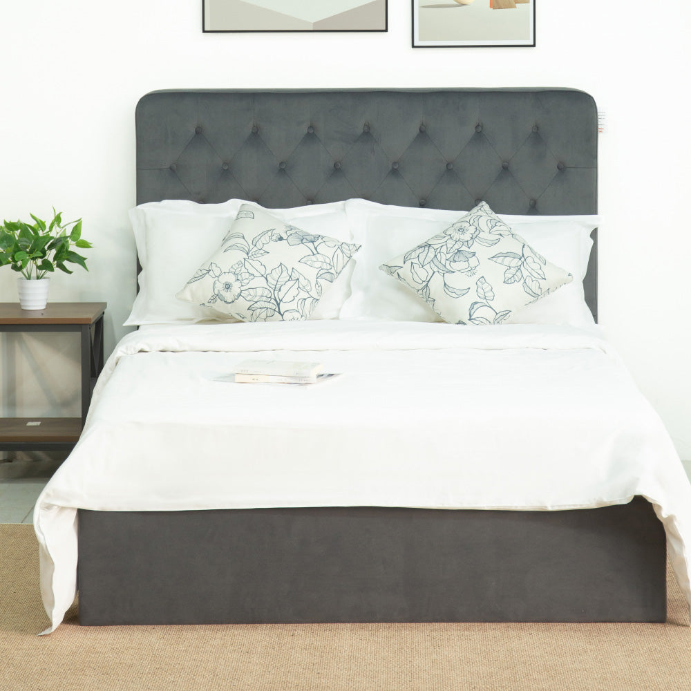 Velvet Upholstered Bed with Tufted Headboard & Ottoman Storage