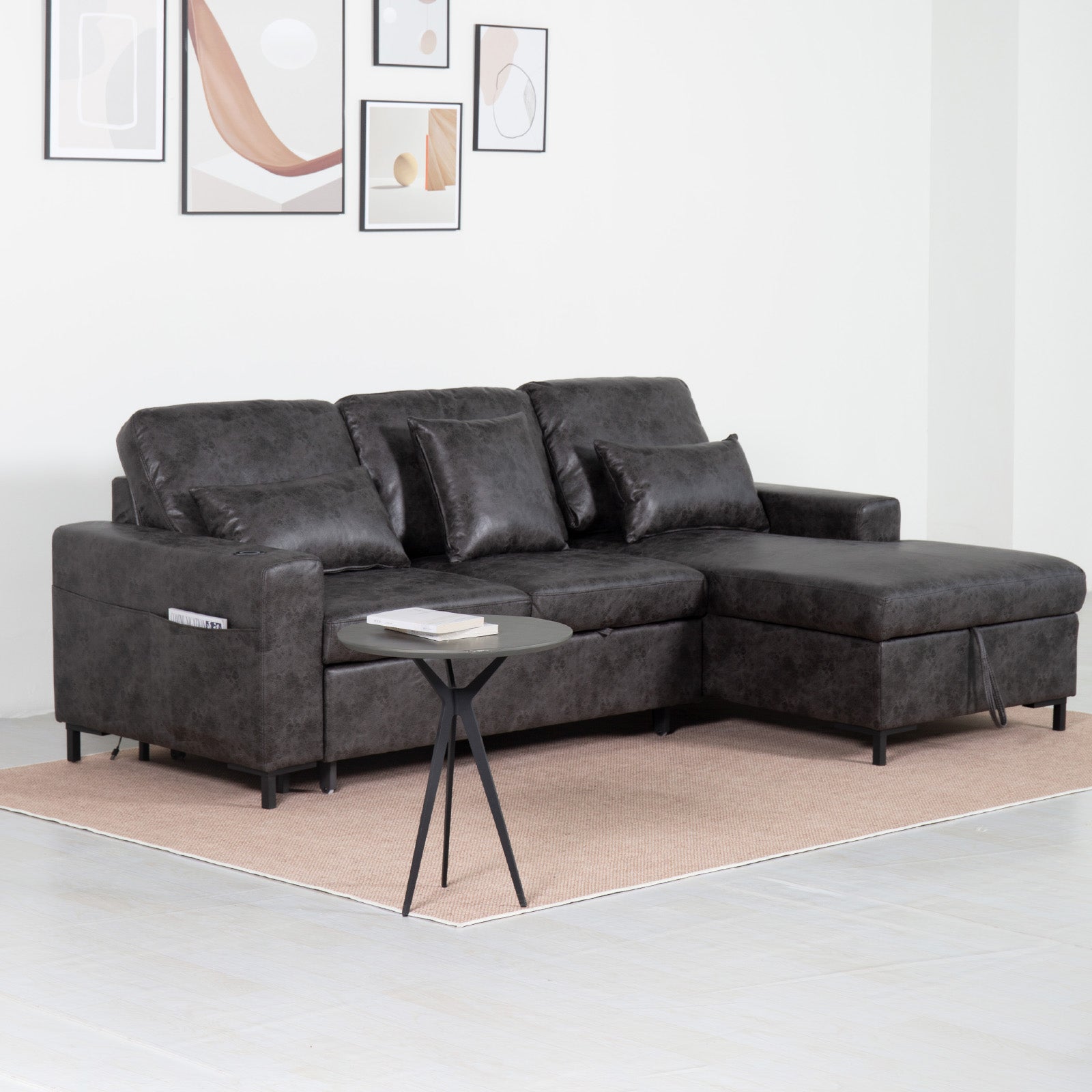 3-Seater PU Leather Sofa Bed with Corner Chaise & Storage