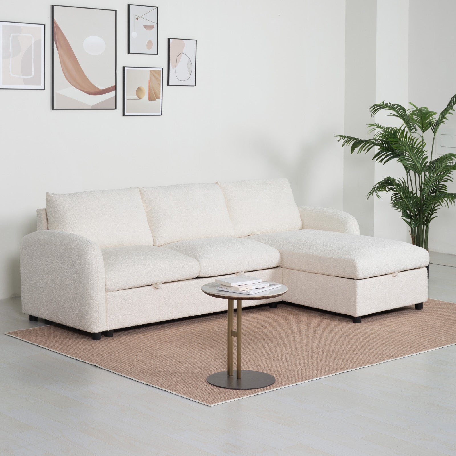 3-Seater Beige Bouclé Sofa with Chaise, Storage & 250cm Width