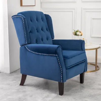 Beverley Studded Wingback Velvet Recliner Chair In Blue