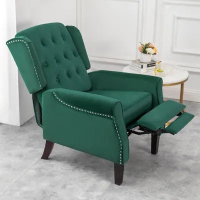 Beverley Studded Wingback Velvet Recliner Chair In Green