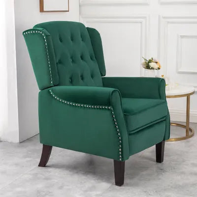 Beverley Studded Wingback Velvet Recliner Chair In Green